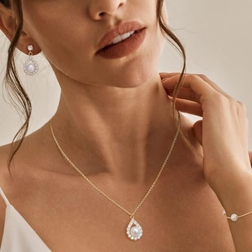 Jewelry Sets for Women,Dainty 14k Gold Plated Pearl Earrings Necklace Bracelet Fashion Silver Bridal Jewelry accessories SimpleWedding Jewelry Sets for Brides