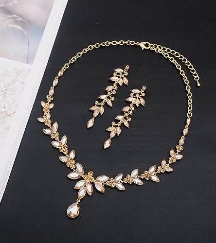 CSY 4 Pcs Elegant Bridal Jewelry Sets Austrian Marquise Crystal Wedding Necklace Dangle Earrings Tennis Bracelet Ring Set for Bride Women Costume Accessories