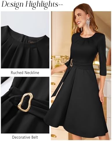 Dressystar Womens Wedding Guest Dress Spring A Line Midi Swing Long Sleeve Ruched Elegant Formal Cocktail Party Dresses 2026