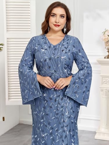 Plus Size Formal Dresses Long Flared Sleeve V-Neck Evening Gowns Wedding Guest Sequin Embroidery Prom Maxi Dress
