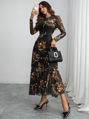 GothDark Womens Floral Mesh Dress Long Sleeve Round Neck A Line Gothic Vintage Casual Wedding Guest Maxi Dresses