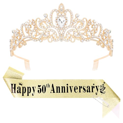YARIEW 50th Anniversary Decorations, Gold Crown and Happy 50th Anniversary Sash Set, Tiara Crown Sash for 50th Wedding Anniversary Decorations for Party Gifts for Women