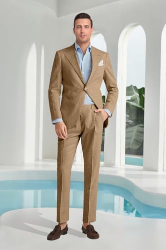 Mens Linen Suit Slim Fit 2 Piece Summer Beach Wedding Suits Peak Lapel Casual Blazer Pants Set for Prom Tuxedo