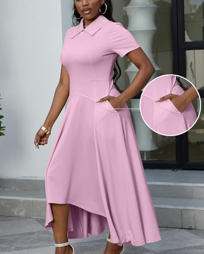 Voghtic Womens Collared Short Sleeve Midi Dress: Ruched Waist Asymmetrical Hem Elegant Casual Work Dress