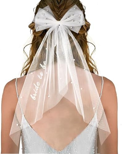 Bride to Be Embroidered Hair Bow Veil for Bachelorette Party Bridal Shower Tulle Pearl 2 Tier Bow Veil Engagement Accessory Bride Gift Velos De Novia (Style A)