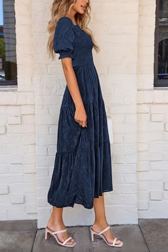 PRETTYGARDEN Womens 2026 Summer Casual Midi Dresses Square Neck Short Sleeve Smocked A Line Floral Flowy Elegant Boho Dress