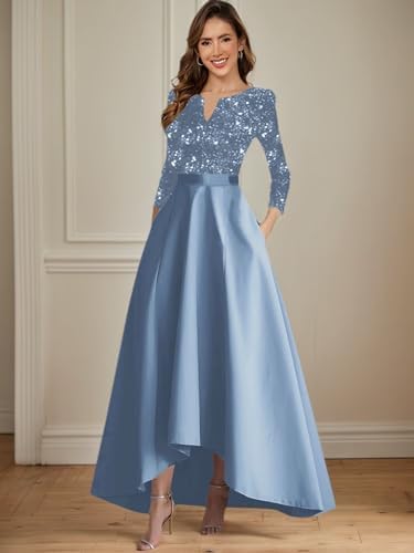 Long Sleeves Mother of The Bride Dresses for Women Sequin Satin V-Neck Hi-Lo Formal Wedding Guest Gown with Pockets