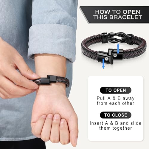 Brown Braided Leather Stainless Steel Infinity Bracelets Lettering Love You Forever Gifts for Son Grandson Husband Boyfriend Brother Always Linked Together