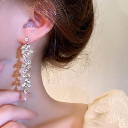 Shiny Silver Cubic Zirconia Tassel Earrings for Women, Sparkling Rhinestone Wedding Bridal Bridesmaid Drop Dangle Earrings Funky Preppy Aesthetic Jewelry