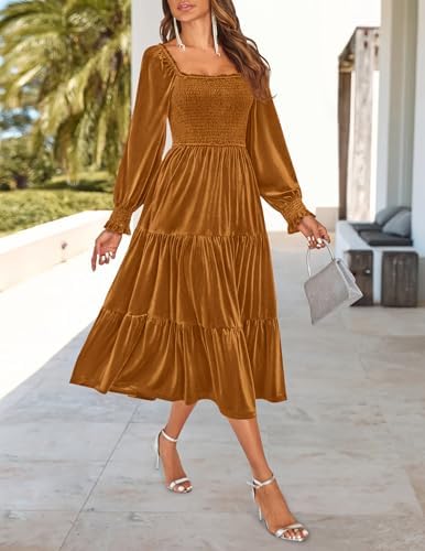 ZESICA Womens Velvet Long Sleeve Dresses 2026 Winter Square Neck Smocked Ruffle A Line Flowy Cocktail Party Midi Dress