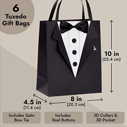Sparkle and Bash Groomsmen Gift Bags With 3D Tuxedo Design, Satin Bow Tie & Real Buttons – Black, 6 Pack, 8 x 4.5 x 10 In – Wedding & Bachelor Party – Tuxedo Gift Bags for Men