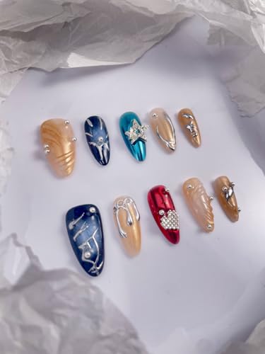 RDNTBEU Press on Nails Beach Medium Almond 3D Fake Nails Reusable Luxury Handmade False Nails with Design Pearl Heart Solid Star,Press ons Muti-Layer Acrylic Handmade Nails for Wome Manicure(Size M)