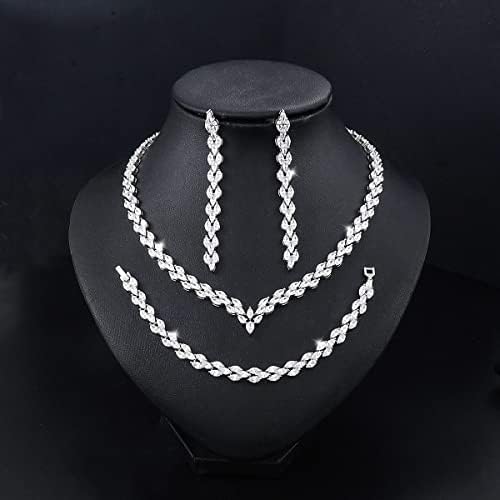 White Gold Plated Cubic Zirconia CZ Marquise Bridal Necklace Drop Dangle Earrings Bracelet set for Women Wedding Brides