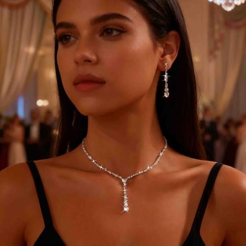 Wedding Necklace and Earring Set Silver Long Rhinestone Dangle Earrings Dainty Diamond Cubic Zirconia Bridal Chain Sparkly Crystal Tiny Y Drop Lariat Cz Pendant Choker Statement Bridesmaid for Women