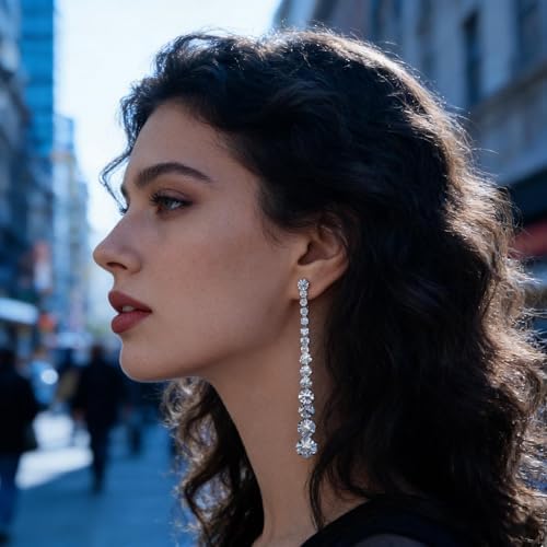 Wedding Long Rhinestone Earrings Silver Crystal Dangle Earring Dainty Diamond Cubic Zirconia Bridal Drop Sparkly Tassel Cz Brides Stud Simple Shiny Statement Formal Bridesmaid Party Prom Jewelry Women