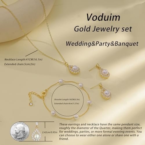 Jewelry Sets for Women,Dainty 14k Gold Plated Pearl Earrings Necklace Bracelet Fashion Silver Bridal Jewelry accessories SimpleWedding Jewelry Sets for Brides