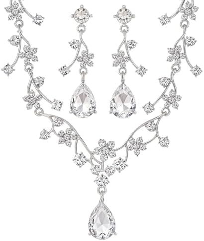 Floral Jewelry Set for WomenWedding Jewelry Sets For Brides With Crystal Necklace & Earrings for Brides and Bridesmaids