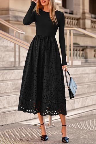 dowerme Women Spring Dresses 2026 Casual Long Sleeve Crewneck A-Line Boho Eyelet Cotton Maxi Wedding Guest Dress Pockets