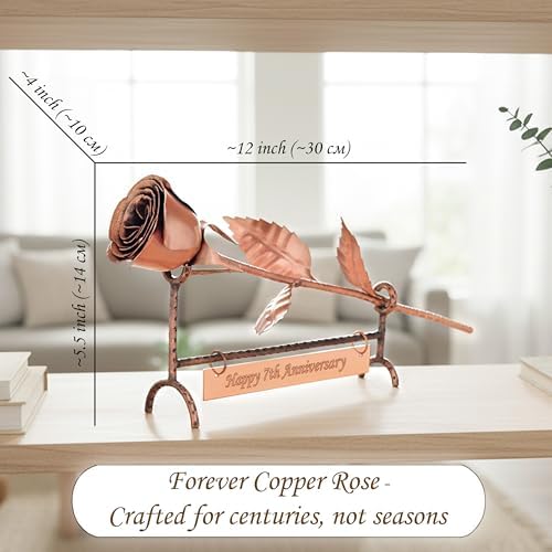 Copper Rose with Stand & Engraved Plate Happy 7th Anniversary – 7th Wedding Anniversary Decor for Wife, Him or Her – Traditional Copper Gift Keepsake