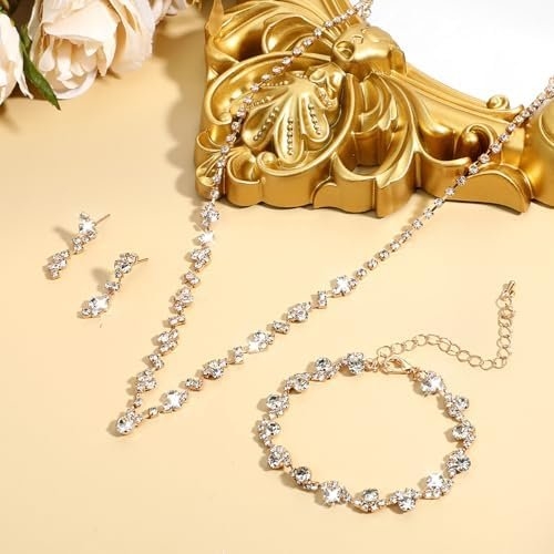 Jewelry for Prom,Silver Necklace for Women Prom, Rhinestone Crystal Necklace Bracelet Earrings Set, Silver Accessories for Women Jewelry for Wedding Party