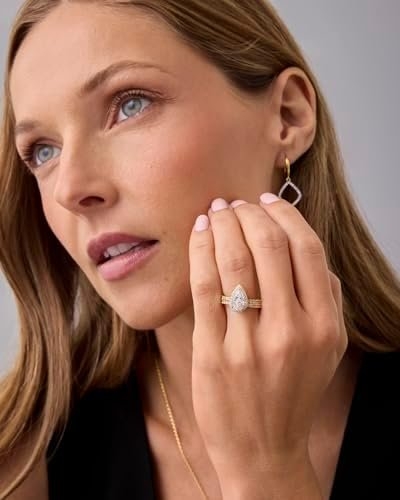 PAVOI 14K Gold Plated 1.7CT Pear Cubic Zirconia Eternity Engagement Ring Promise Ring Set for Women – Hidden Halo