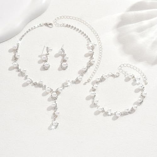 Wedding Jewelry Sets for Brides Silver Rhinestone Necklaces Earring Bracelet Set Wedding Sets for Women Prom Jewelry Sets for Women