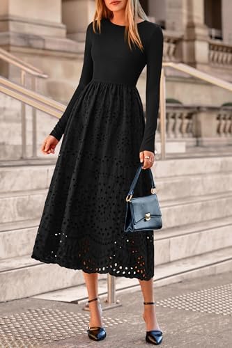 dowerme Women Spring Dresses 2026 Casual Long Sleeve Crewneck A-Line Boho Eyelet Cotton Maxi Wedding Guest Dress Pockets