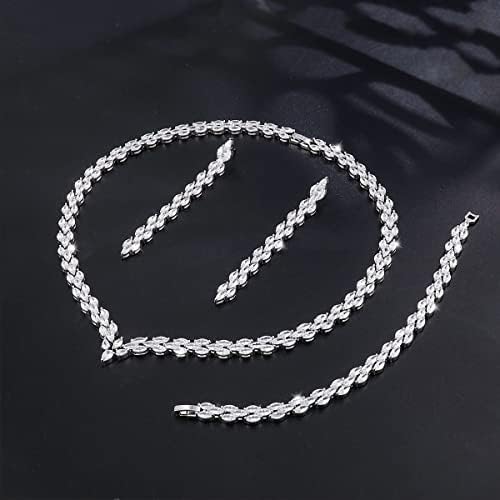 White Gold Plated Cubic Zirconia CZ Marquise Bridal Necklace Drop Dangle Earrings Bracelet set for Women Wedding Brides