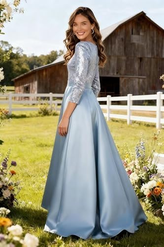 Long Sleeves Mother of The Bride Dresses for Women Sequin Satin V-Neck Hi-Lo Formal Wedding Guest Gown with Pockets