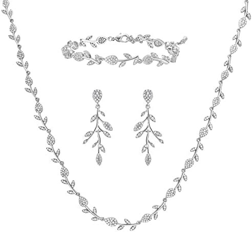 SWEETV Cubic Zirconia Wedding Jewelry Sets for Bride Bridesmaids, Crystal Leaf Vine Bridal Earrings and Necklace Set for Women Jewelry Gifts