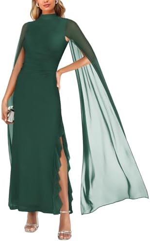 Aisbei Womens Elegant Mock Neck Slit Ruffle Bodycon Maxi Dress Evening Gowns Party Formal Wedding Guest Dresses with Cape