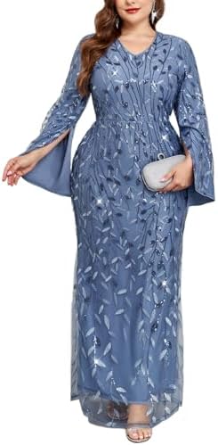 Plus Size Formal Dresses Long Flared Sleeve V-Neck Evening Gowns Wedding Guest Sequin Embroidery Prom Maxi Dress