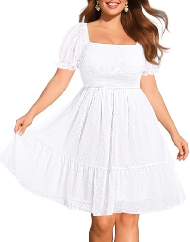 Women Plus Size Square Neck Puff Sleeve Babydoll Summer Chiffon Swiss Dot Flowy Short Smocked Dress