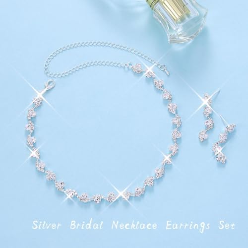Unicra Bride Silver Necklace Earrings Set Crystal Bridal Wedding Jewelry Set Rhinestone Choker Necklace for Women and Brides