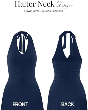 MEROKEETY Womens Wedding Guest Formal Dress Summer Halter Backless Sleeveless V Neck Ruched Cocktail Maxi Dresses