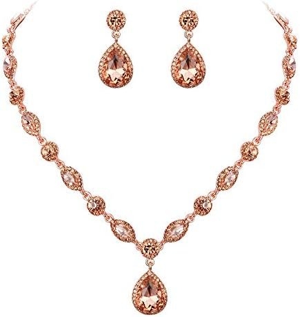 EleQueen Womens Wedding Bridal Jewelry Set for Brides Bridesmaids, Crystal Teardrop Necklace Dangle Earrings Jewellery for Party Prom