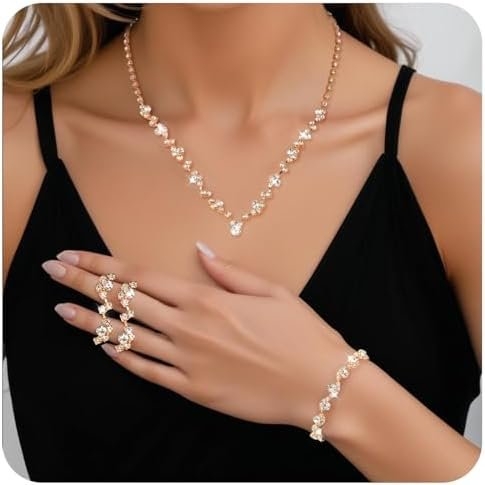 Jewelry for Prom,Silver Necklace for Women Prom, Rhinestone Crystal Necklace Bracelet Earrings Set, Silver Accessories for Women Jewelry for Wedding Party