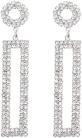Rhinestone Long Drop Earrings Statement Rectangle Dangle with Circle Studs Fashion Jewelry