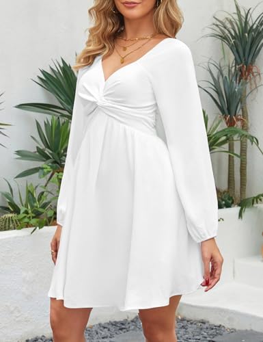 Florboom Womens Sweetheart Knot Front Dress Lantern Long Sleeve Smocked Back A-Line Chiffon Mini Dresses