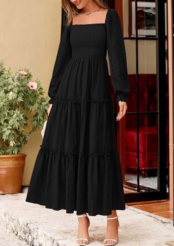 PRETTYGARDEN Spring Dresses for Women 2026 Casual Long Sleeve Smocked Ruffle Flowy Elegant Wedding Guest Maxi Dress Pockets