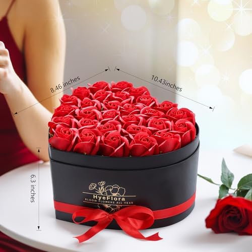 HyeFlora 30pcs Fake Red Roses in a Heart Shape Box, Fake Roses Artificial Flowers Forever Roses Gifts Box for Her Wife Girlfriends for Mom Women Grandma Birthday