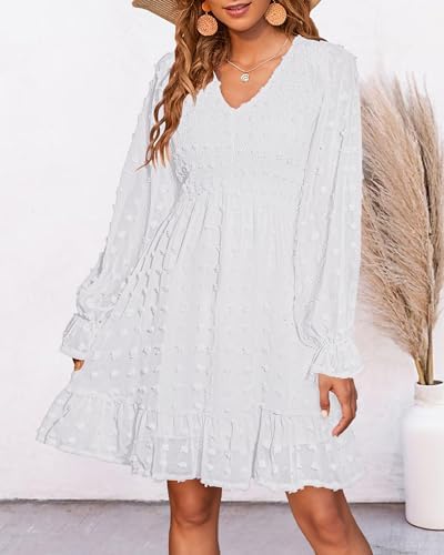 BTFBM Spring Dresses for Women 2026 Long Sleeve Casual V Neck Swiss Dot Smocked Ruffle Chiffon Flowy Mini Summer Dress