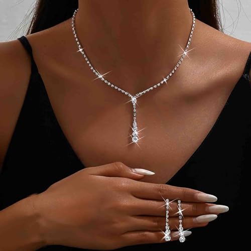 Wedding Necklace and Earring Set Silver Long Rhinestone Dangle Earrings Dainty Diamond Cubic Zirconia Bridal Chain Sparkly Crystal Tiny Y Drop Lariat Cz Pendant Choker Statement Bridesmaid for Women