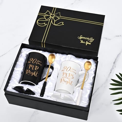 YHRJWN 20 Year Anniversary Presents, 20th Anniversary Presents for Couple Parents, 20th Wedding Anniversary Presents, 20th Mr & Mrs Always Right Coffee Mugs, 14 Oz with Coasters, Spoons and Gift Box