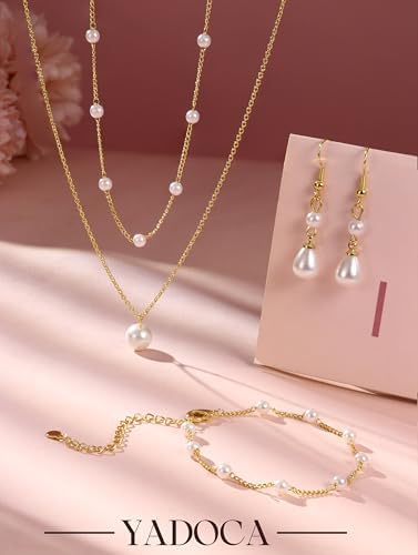 YADOCA Gold Jewelry Set for Women – 16K Gold Plated Pearl Necklace and Earring Set With Drop Earrings,Charm Layered Necklace,Adjustable Bracelets – Dainty Womens Pearl Jewelry Set For Wedding Gifts