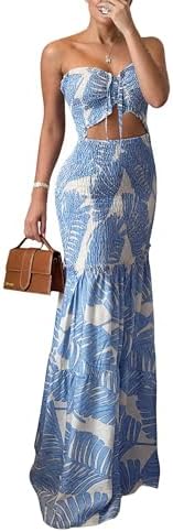 CHICME Floral Printed Prom Dress Tie Ruched Shirred Bandeau Party Dress Slim Fit Ruffle Hem Vacation Dresses