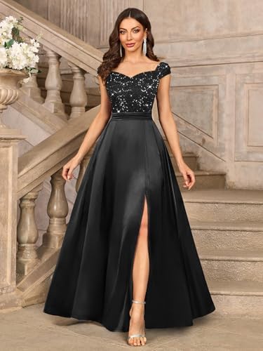 Miusol Womens Elegant V-Neck Sequin Lace Contrast Satin Split Bridesmaid Maxi Dress