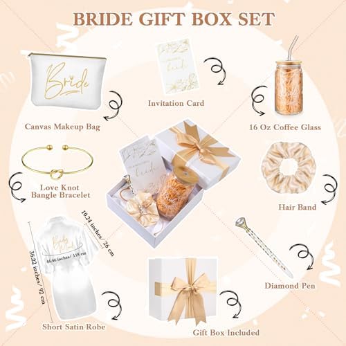 Irenare 8 Pcs Bride Gifts Set for Bridal Shower Bachelorette Party Robe Cup Makeup Bag Bracelet Scrunchies Card Pen Gift Box(White)