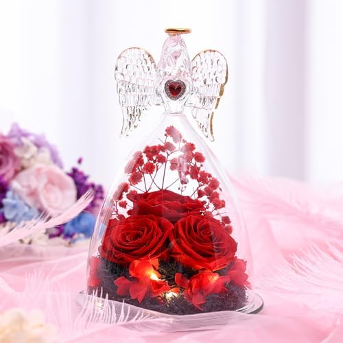 Mothers Day Rose Gifts for Women, Large Angel Figurines with Real Roses, Preserved Real Flower Rose for Her – Red