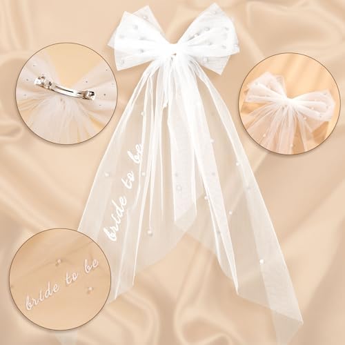 Bride to Be Embroidered Hair Bow Veil for Bachelorette Party Bridal Shower Tulle Pearl 2 Tier Bow Veil Engagement Accessory Bride Gift Velos De Novia (Style A)